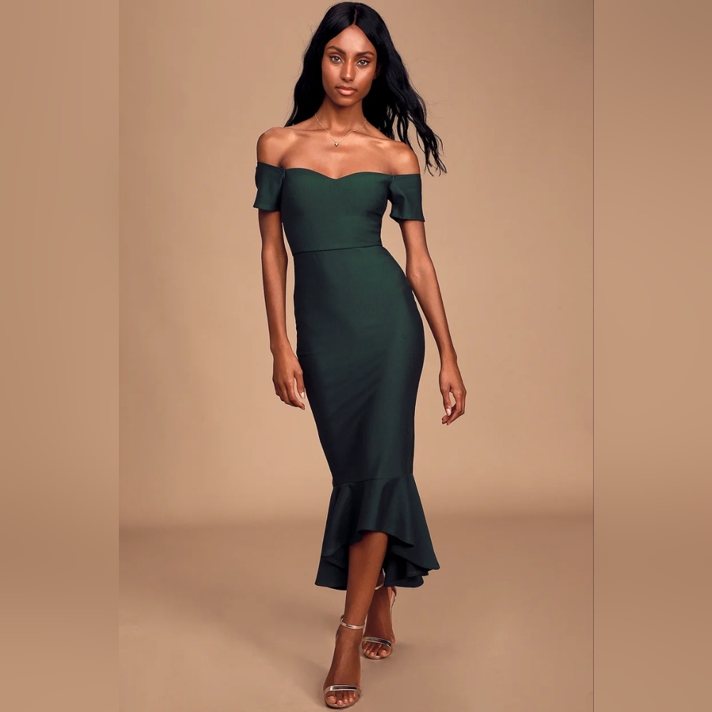How Much I Care Dark Green Off-the-Shoulder Midi Dress